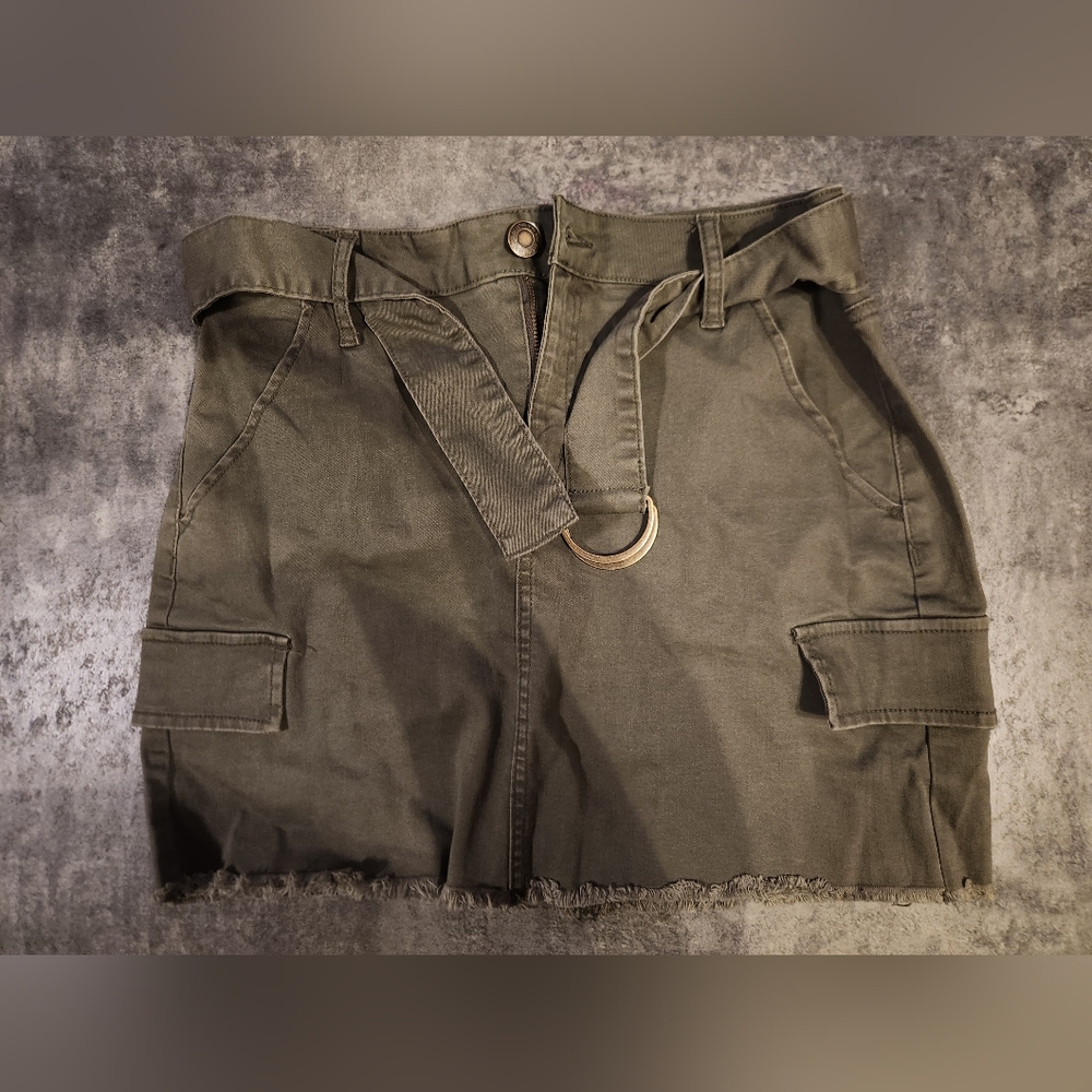 So Denim Skirt Size 9 Olive Green Belted Raw Hem Short Mini